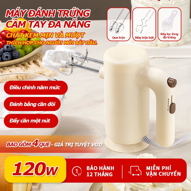 Máy Đánh Trứng Cầm Tay, Đánh Trứng, Điều Chỉnh 5 Tốc Độ, 2 Inox 304 Que Khuấy, Bảo Hành 12 Tháng