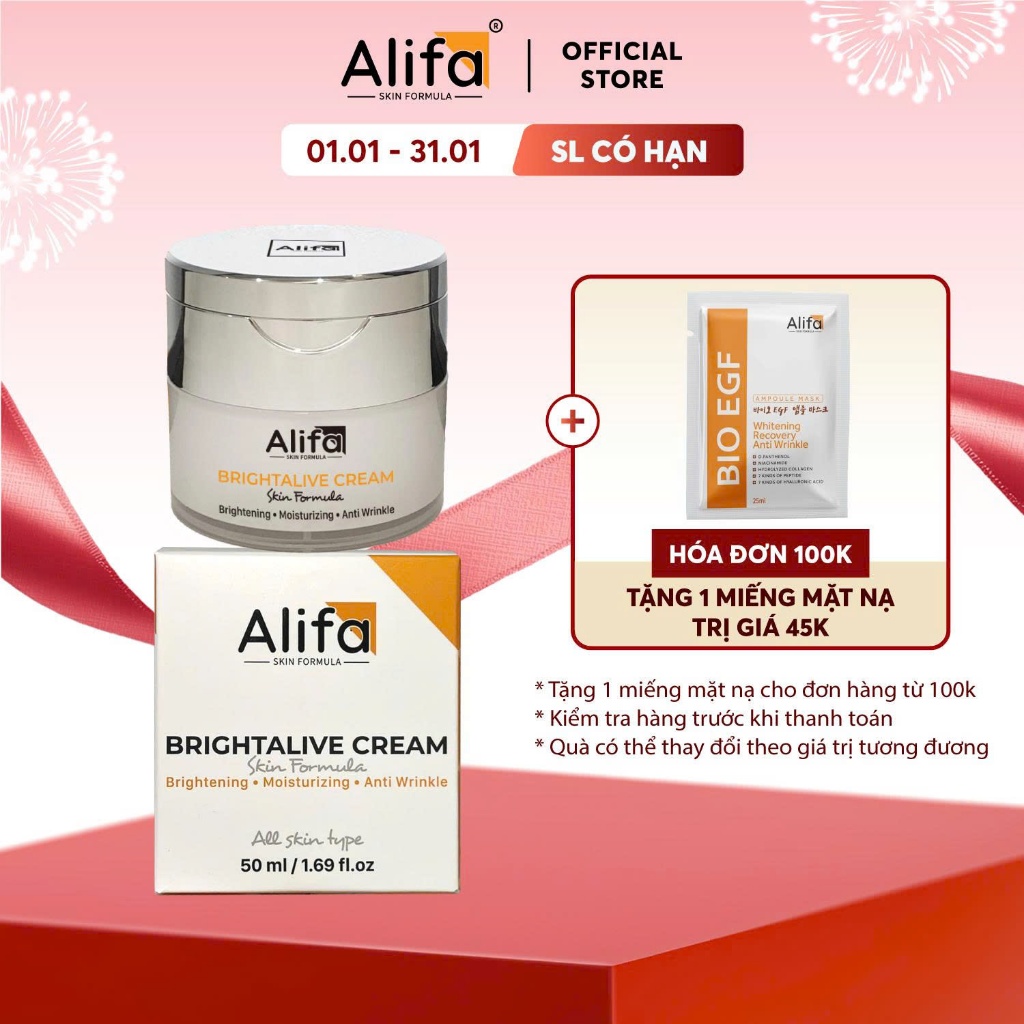 Kem dưỡng Brightalive Cream Alifa 50ml dưỡng ẩm, dưỡng trắng da, giảm thâm nám, trắng sáng da
