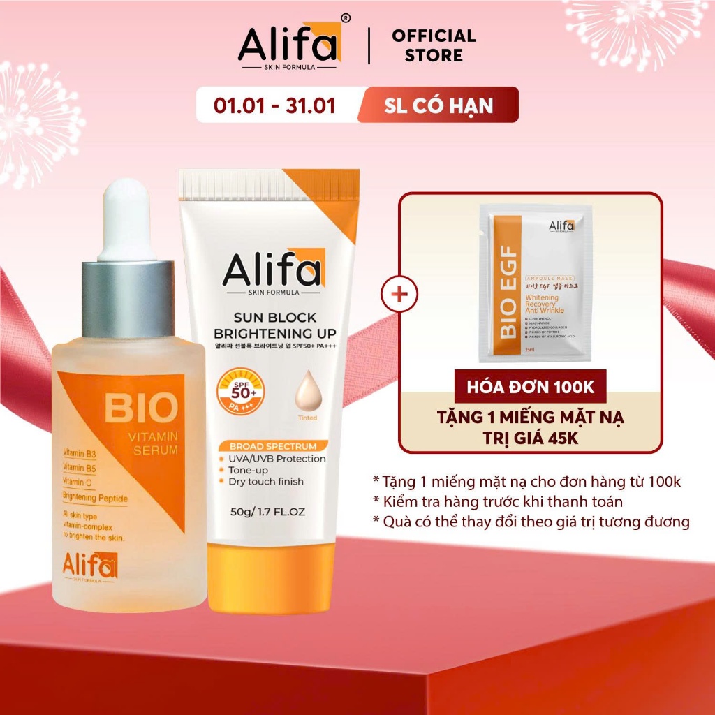 Combo dưỡng da 1: Kem chống nắng cho mặt Alifa Sun Block 50g và Serum dưỡng ẩm, dưỡng trắng da Alifa