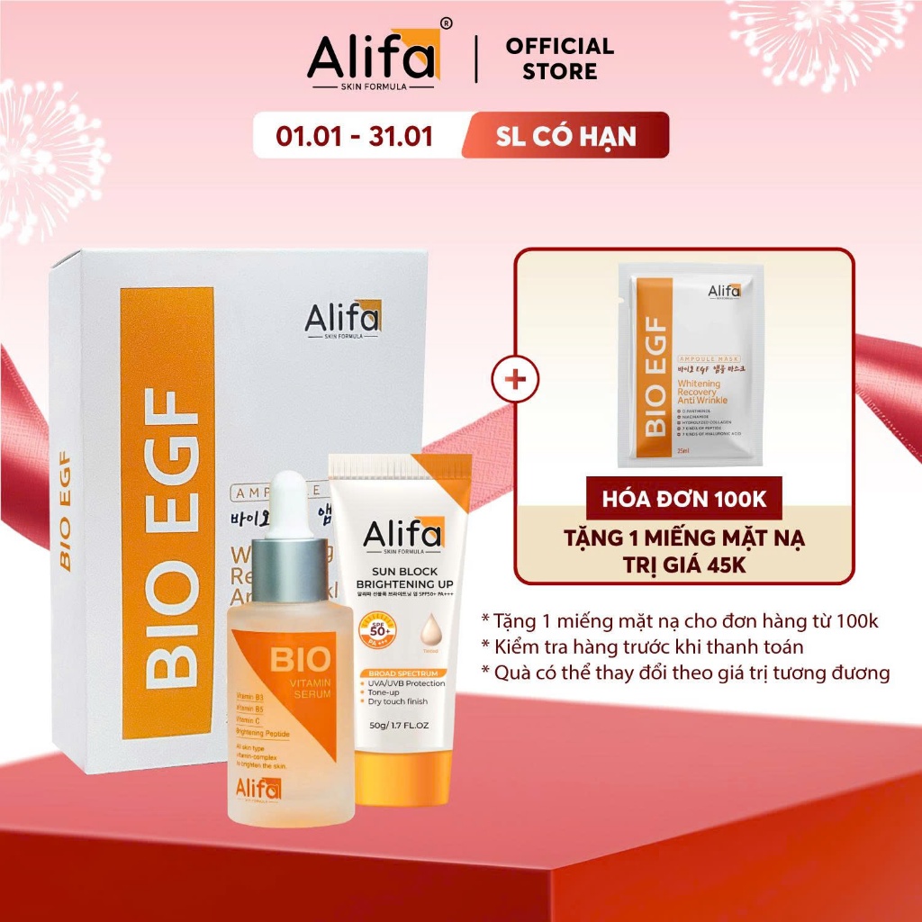 Combo dưỡng da 4: Serum dưỡng ẩm Alifa BIO 35ml - Hộp 10 miếng Mặt nạ Alifa BIO EGF 25ml - Kem chống