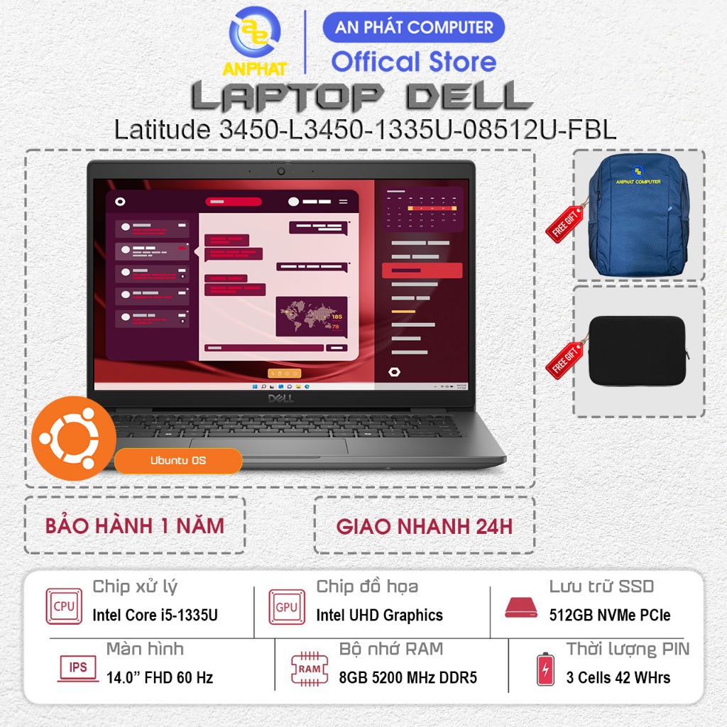 Laptop Dell Latitude 3450-L3450-1335U-08512U-FBL, Core i5-1335U, 8GB RAM, 512GB SSD, 14.0 FHD, Ubunt