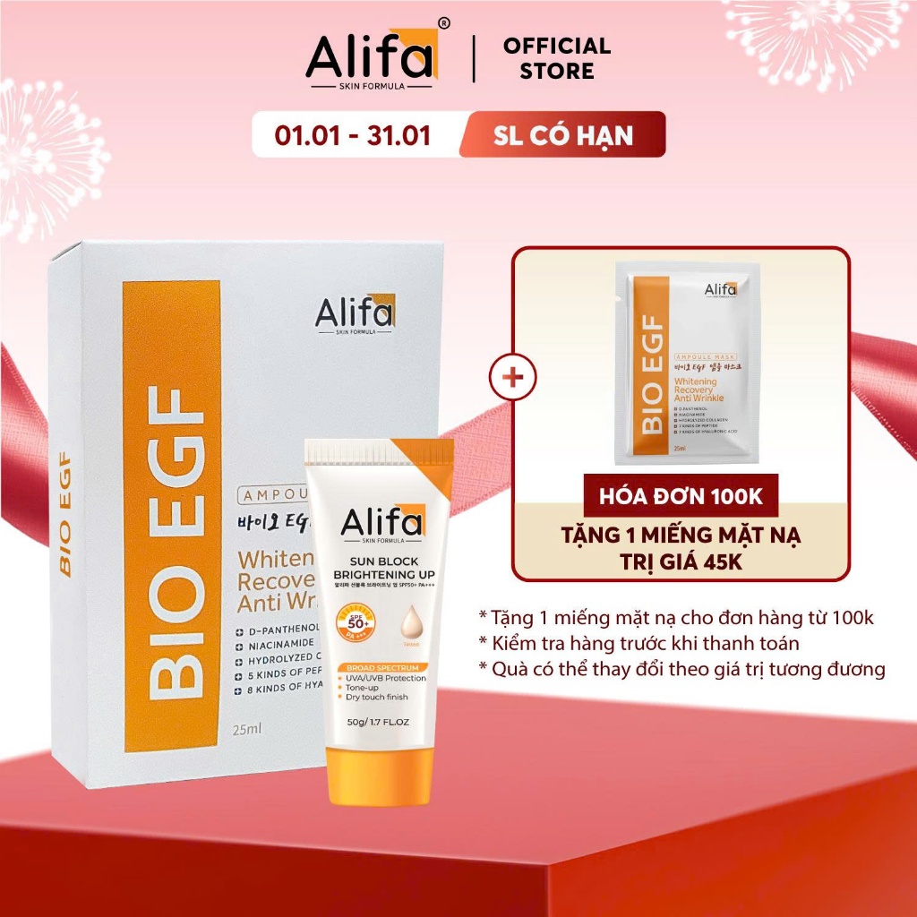 Combo dưỡng da 3: Hộp 10 miếng Mặt nạ Alifa BIO EGF dưỡng ẩm, phục hồi da 25ml và Kem chống nắng Ali