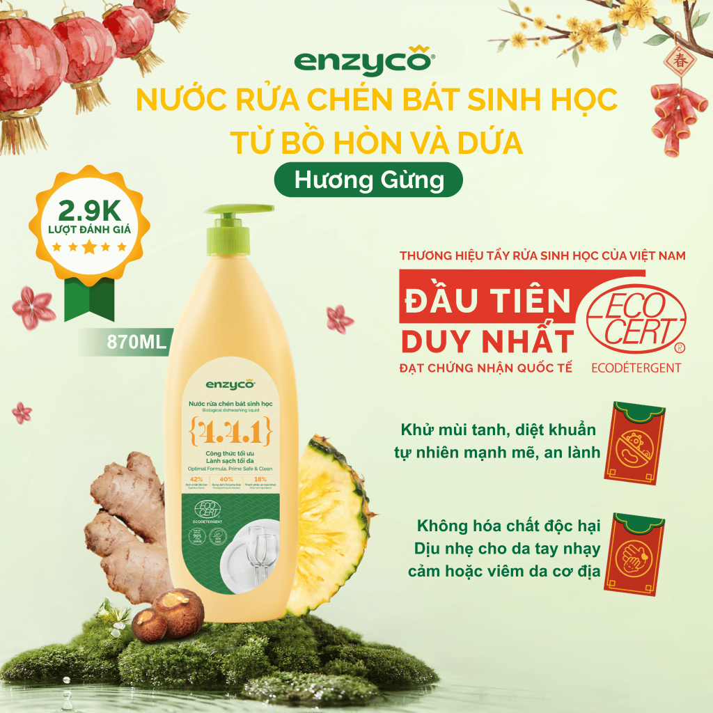 Nước Rửa Chén Bát Sinh Học ENZYCO Từ Bồ Hòn Và Dứa Đạt Chứng Nhận ECODETERGENT-ECOCERT 870ml,Dịu Nhẹ