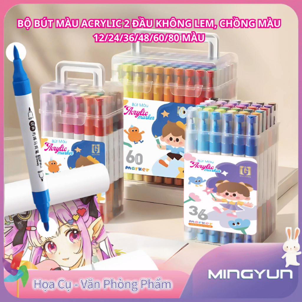 Bút Màu Acrylic Marker 2 Đầu 12/24/36/48/60/80, Bút Đánh Dấu Acrylic 2 Đầu Nhanh Khô Chống Nước