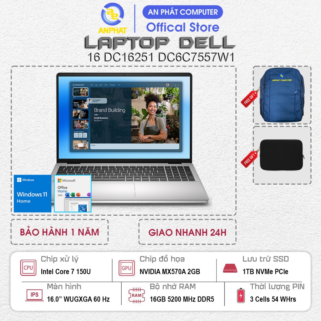 Laptop Dell 16 DC16251 DC6C7557W1, Core 7 150U, GT 2GB MX570A, 16GB RAM, 1TB SSD, Win11, Office2024
