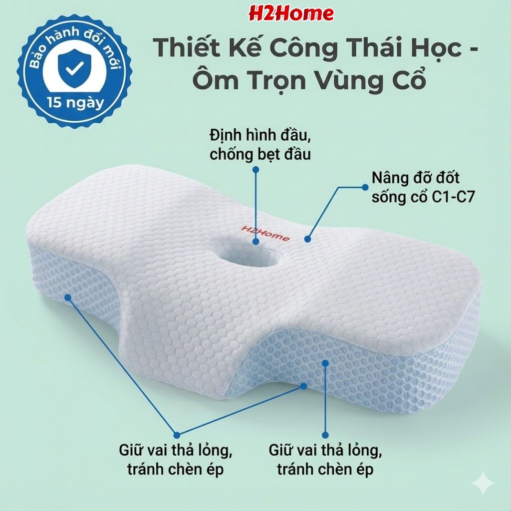 Gối Công Thái Học H2Home Giảm Đau Mỏi Cổ Vai Gáy - Thiết Kế Ôm Sát, Vải Lưới Thoáng Khí Cao Cấp, Bảo