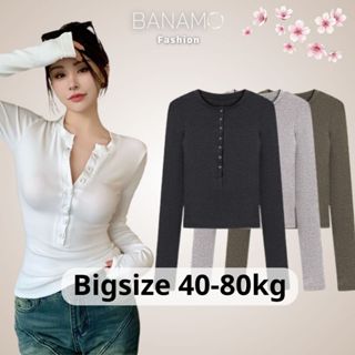 Áo thun nữ BIGSIZE Banamo Fashion Áo ôm body tay dài khuy cài trước màu trơn siêu tôn dáng 3907 