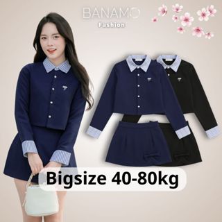  Set đồ nữ BIGSIZE Banamo áo sơ mi dài tay phối cổ kẻ sọc xanh mix chân váy chữ A đính nơ dáng xoè Hàn Quốc 1900 