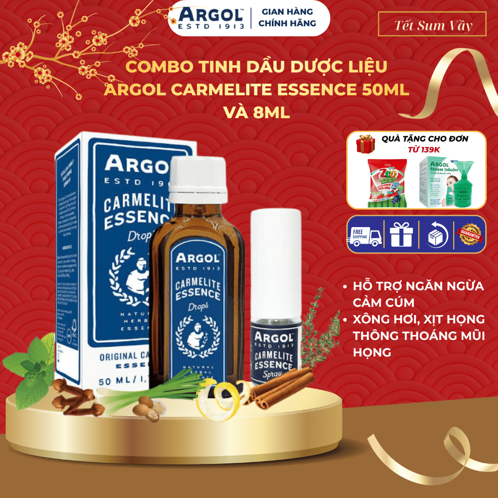Combo Tinh Dầu Dược Liệu Argol Carmelite Essence 50ml + 8ml, Tinh Dầu Xông Mũi, Xịt Họng, Hỗ Trợ Giả