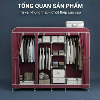  Tủ Quần Áo Tủ Vải Khung Thép Titan 2,3,4.5 buồng tủ đựng quần áo treo gấp gọn cỡ 2m5 lắp ráp đa năng 