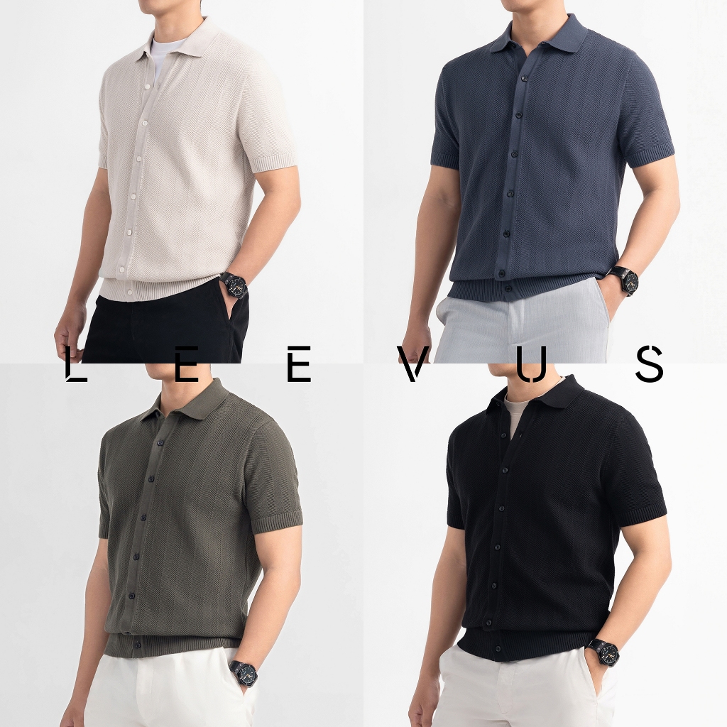 Áo thun sơ mi LEN DỆT KIM nam HERRINGBONE KNIT vải dệt zigzag phối màu neutral LEEVUS - APL348