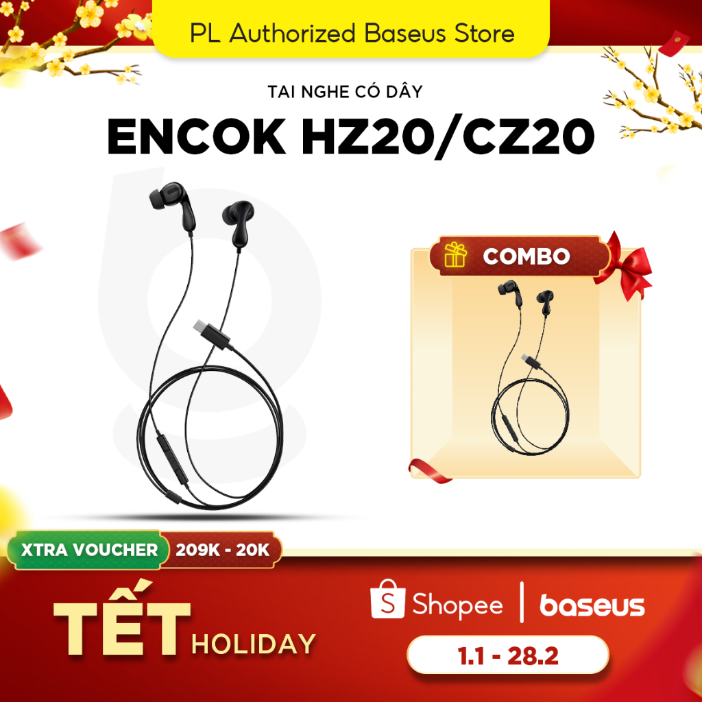 Tai nghe có dây Baseus Encok HZ20/CZ20 cổng jack 3.5mm/Type C thiết kế bền nhẹ tương thích đa thiết 