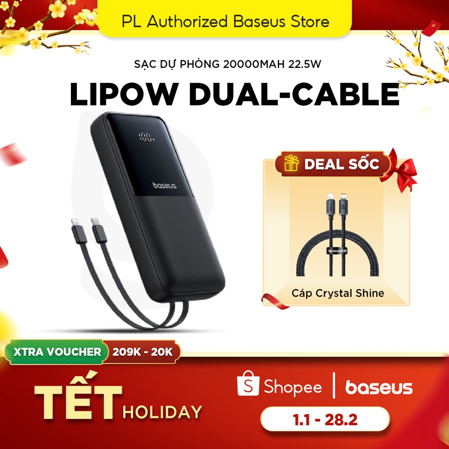Sạc Dự Phòng Baseus Lipow 22.5W Dual-Cable 20000mAh USB-C & Lightning tích hợp kèm USB to C 3A 0.2m