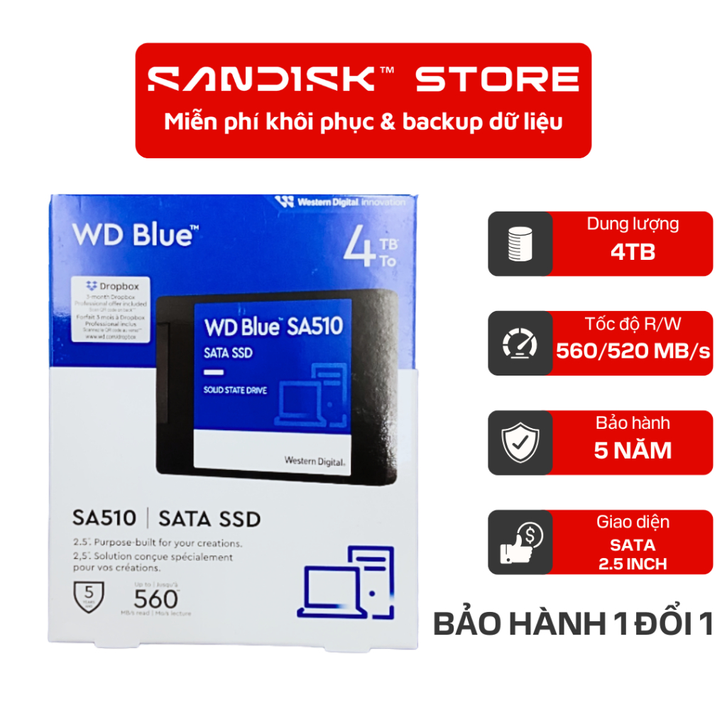 SSD gắn trong WD Blue 2.5 inch SATA III 500GB / 1TB / 2TB/ 4TB SA510 upto 560MB/s - Bảo Hành 5 năm