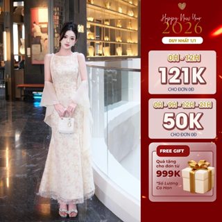  Váy Dự Tiệc Chất Ren Nhũ Cao Cấp Alice Đầm Đuôi Cá Cổ Thuyền Có Lót Tafta Kèm Áo Choàng Tơ Óng Tiểu Thư T203 