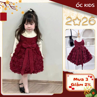  Váy dạ đỏ bé gái phối hoa đính nơ sang chảnh váy tiểu thư công chúa cho bé gái từ 8-30kg  A19  