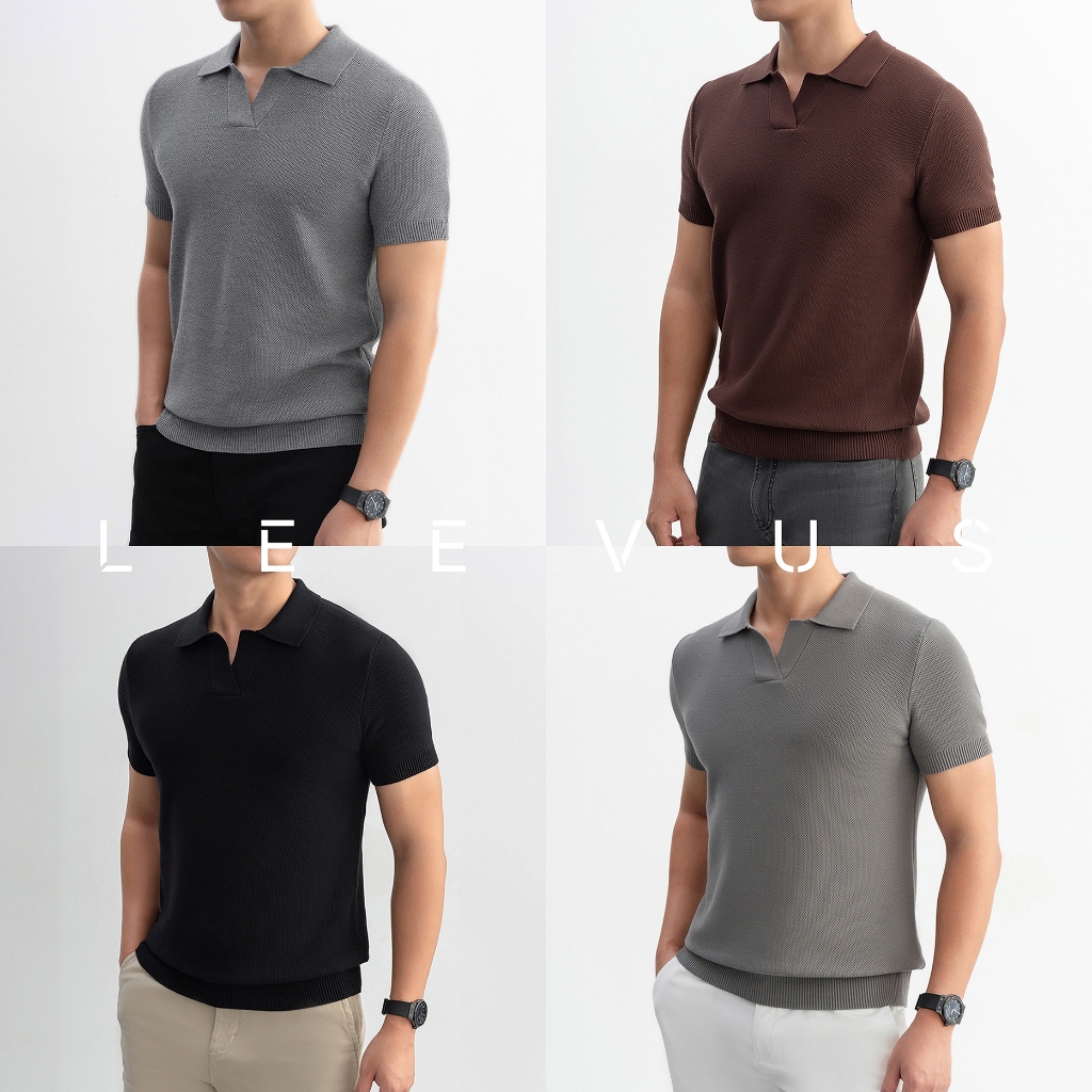   TẶNG HỘP CHO ĐƠN TỪ 499K  Áo polo LEN DỆT KIM nam V-neck Knit vải dệt tổ ong phối màu neutral thanh lịch LEEVUS APL335 