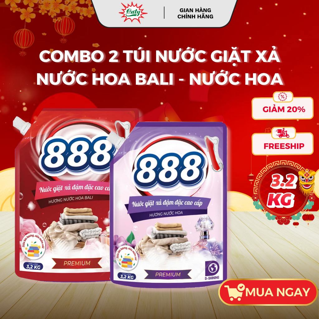 COMBO 2 TÚI NƯỚC GIẶT XẢ PREMIUM 888 - HƯƠNG NƯỚC HOA/ HƯƠNG NƯỚC HOA BALI 3,2KG