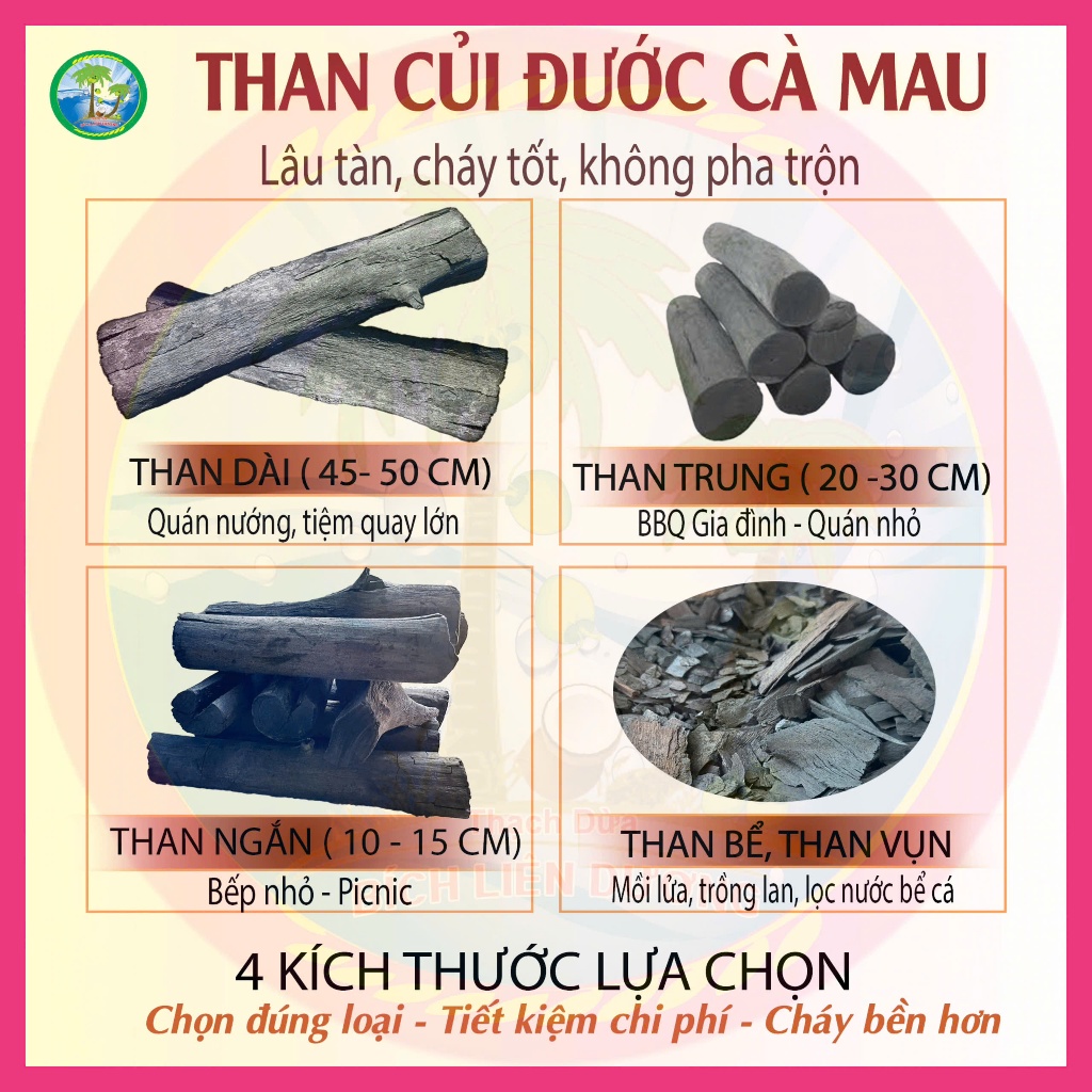 Than Củi Đước Cà Mau Tự Nhiên – Cháy Lâu Ít Khói – Đủ Loại Dài / Trung / Ngắn / Than Vụn