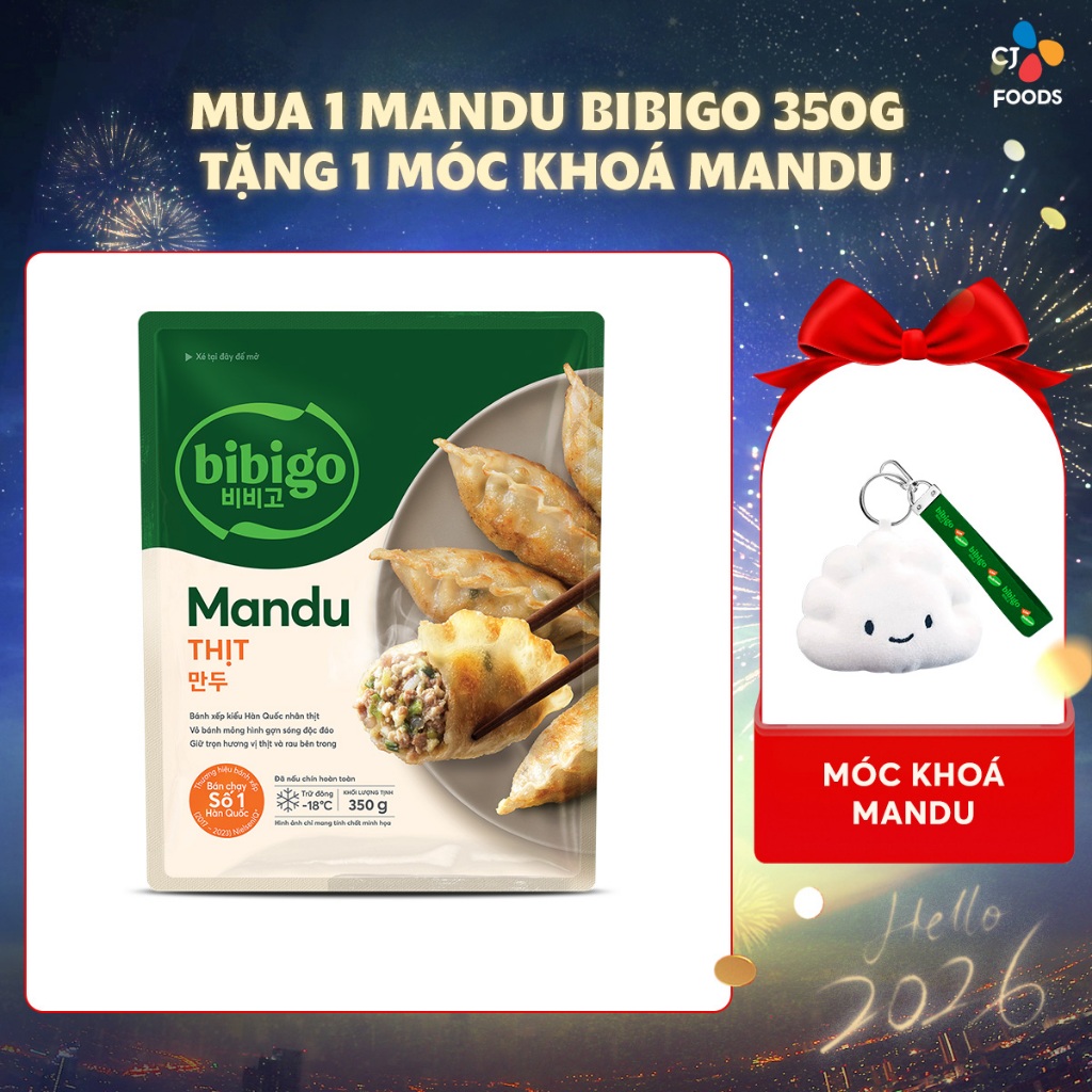 [Mua 1 tặng Móc khóa mandu] Bánh xếp Mandu Hàn Quốc Bibigo - nhân Thịt 350g