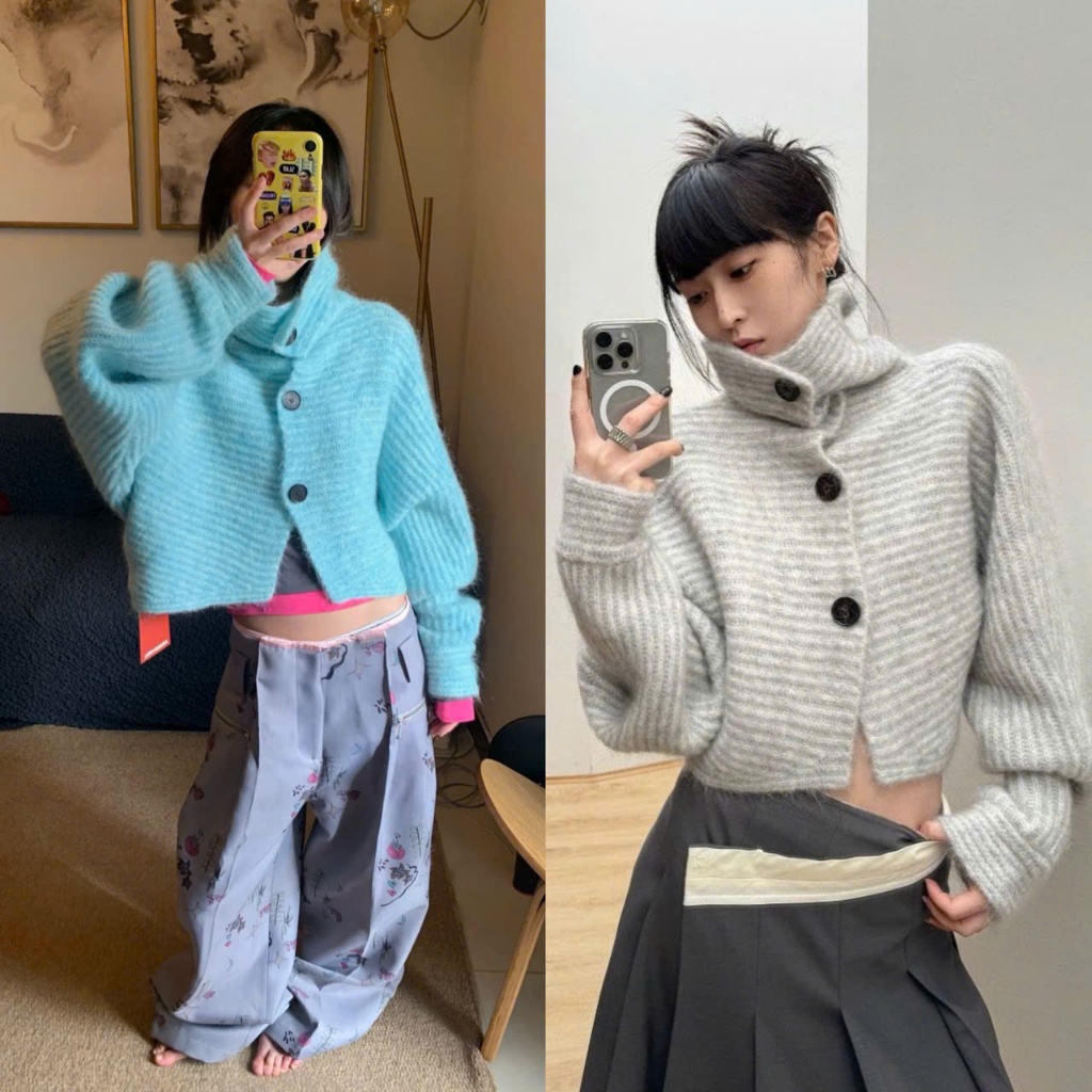 Áo len dáng croptop rộng kẻ ngang khuy to màu xanh và ghi cổ ống đứng AL006 - Tiktik