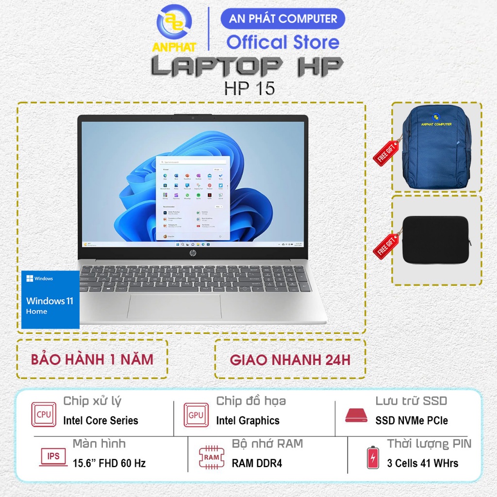 Laptop HP 15-fd0306TU A2NL7PA, Core i3-1315U, 8GB RAM, 256GB SSD, 15.6 FHD, Win 11