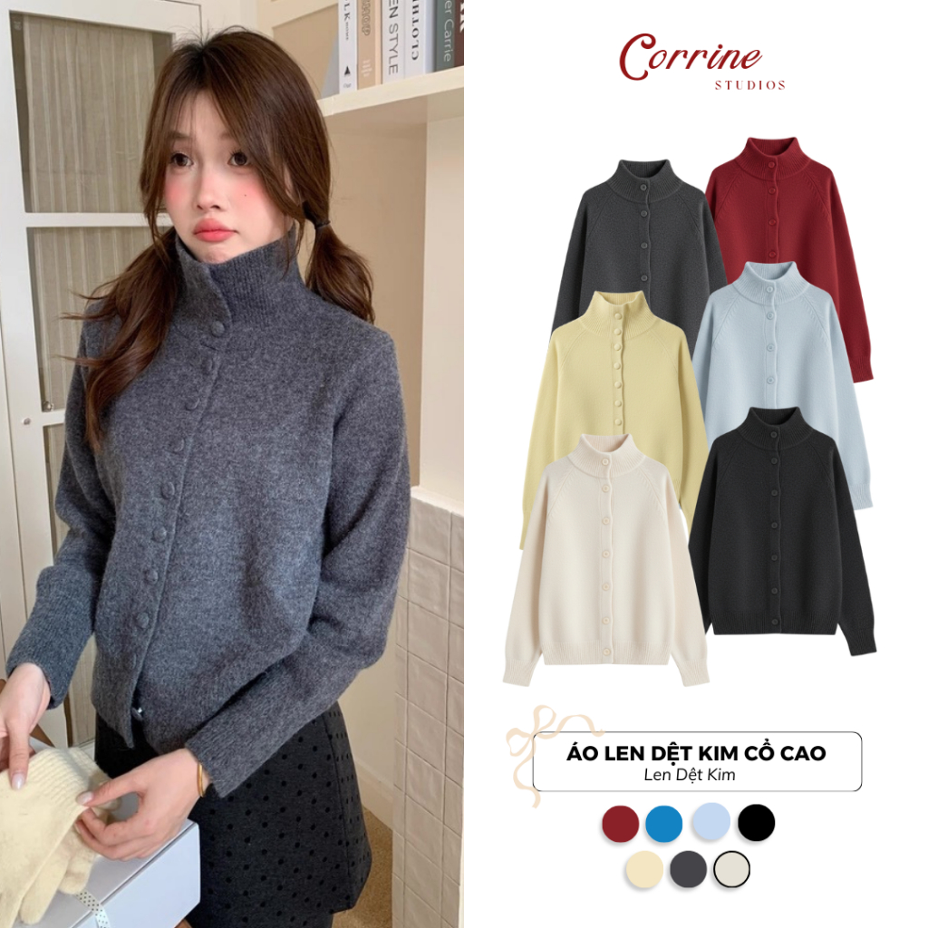 Áo Len Dệt Kim Mịn Phối Cúc Cổ Cao 𝑪𝒐𝒓𝒓𝒊𝒏𝒆 Áo Len Nữ Basic Dáng Ôm Nhẹ Giữ Ấm Phong Cách Hàn Quốc Mùa Đông
