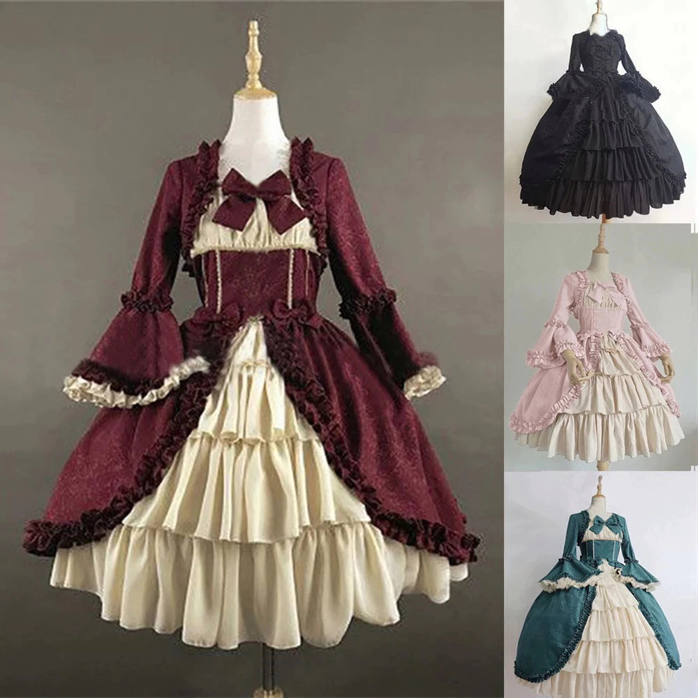 S-5XL Trung cổ Retro Gothic Court Dress Vường cổ Waist khâu Bow Dress