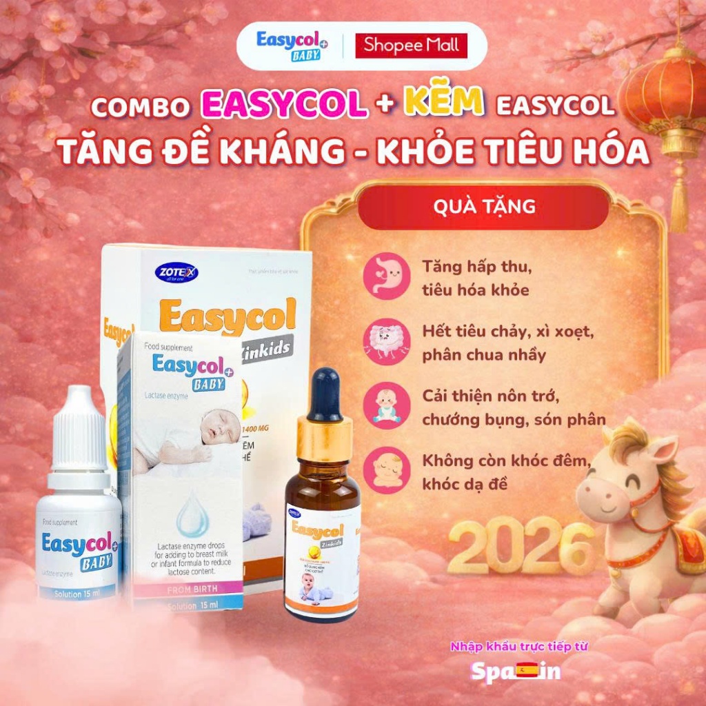 Bộ 2 Sản Phẩm Enzyme Lactase Easycol Baby và Kẽm Cho Bé Bất Dung Nạp Lactose, Tiêu Chảy - ấp Thu Kém
