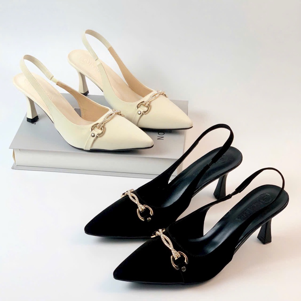 Giày cao gót nữ hở gót cao 5p mũi nhọn nhung