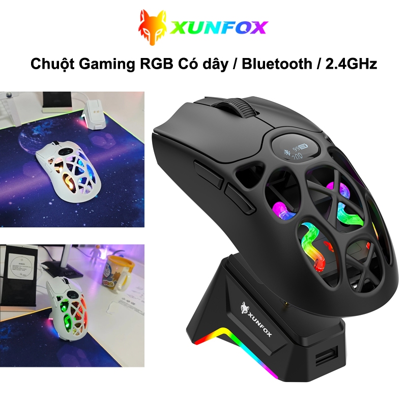 XUNFOX H16 Pro RGB Gaming Mouse | Sạc Nam Châm Kèm Dock | 1000Hz | Bluetooth + 2.4G + Có dây