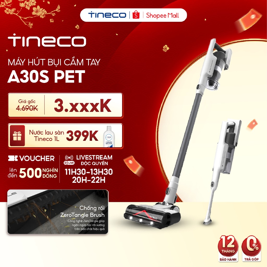 [KOLs Live] Máy hút bụi cầm tay không dây Tineco A30S Pet - Công suất hút 160W - Bản quốc tế - BH 12