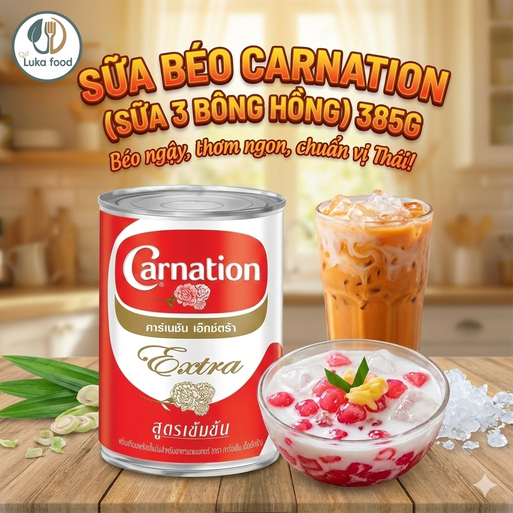 Sữa Béo Carnation 3 Bông Hồng Thái Lan 385g - Sữa Hoa Pha Trà Sữa, Làm Bánh, Pha Trà Thái, Nấu Cari 