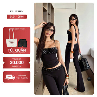   CÓ TÁCH LẺ  Set áo 2 dây và quần ống loe chấm bi ôm body YUCI - KILL SYSTEM 