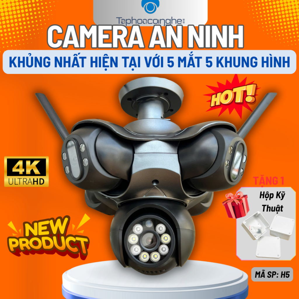 Mới Camera 5 Mắt 5 Khung Hình Độ Phân Giải 4K Siêu Nét, Xoay 360 độ, cảnh báo chống trộm, máy ảnh