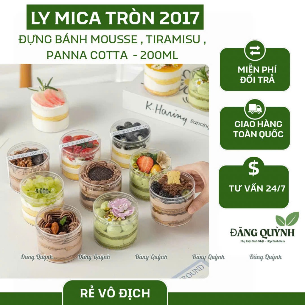 50 Ly Mica Tròn Nhựa Cứng PS 200ml Nắp Vặn Đựng bánh Lạnh, Mousse, Tiramisu - GD2017