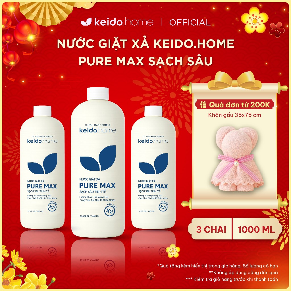 [SHOPEE SIÊU RẺ] Combo 3 Chai Nước Giặt Xả Cao Cấp Keido.home 1L – Giặt Quần Áo Thơm Lâu, An Toàn, Hiệu Quả, Dịu Nhẹ