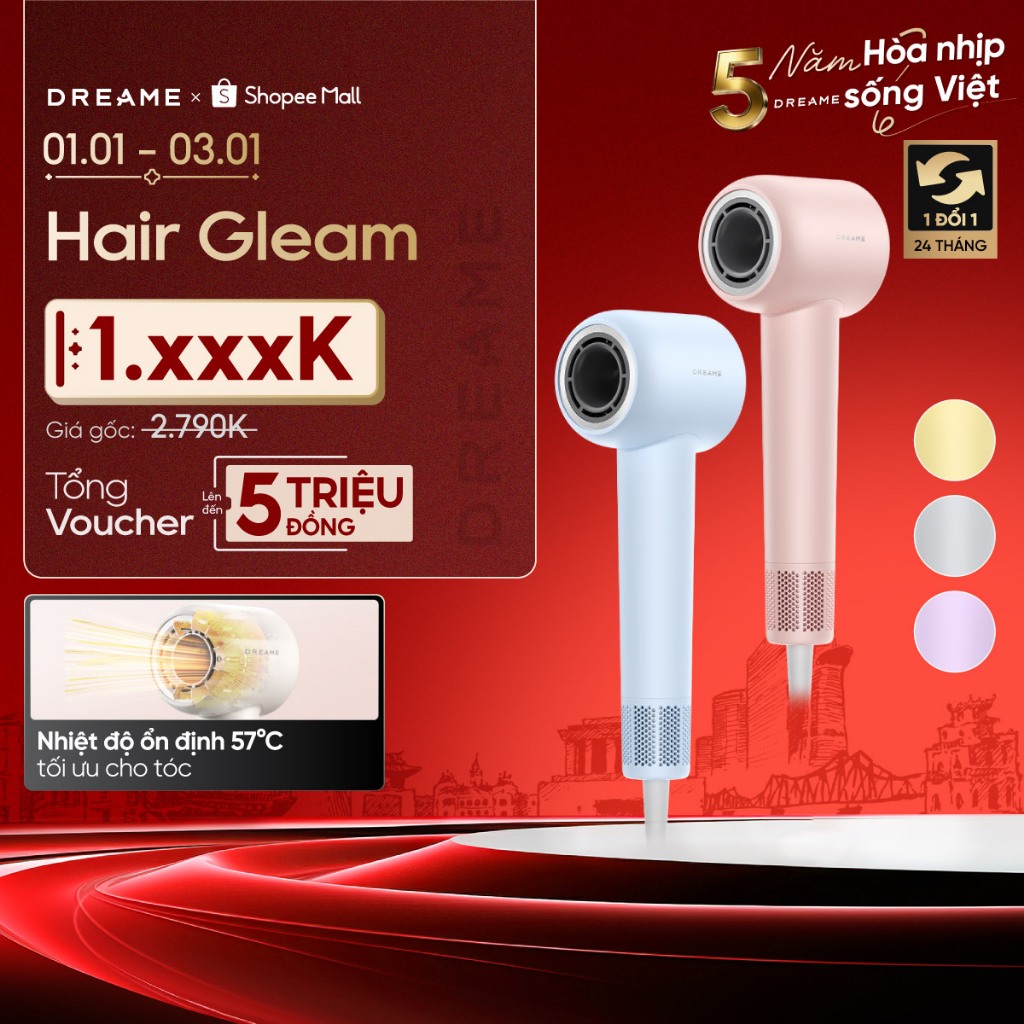  Dreame Hair Gleam AHD12A Máy sấy tóc ion âm | 4 chế độ sấy nóng lạnh | 200 triệu ion âm | BH 24 tháng 