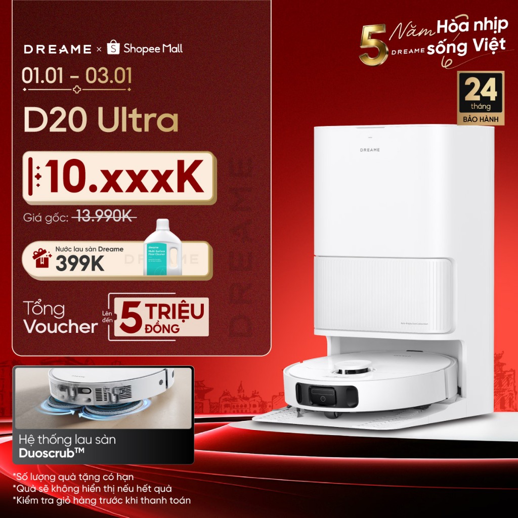  Dreame D20 Ultra Robot hút bụi thông minh | Lực hút 13.000Pa | Trạm sạc đa năng rảnh tay đến 100 ngày | BH 24 tháng 
