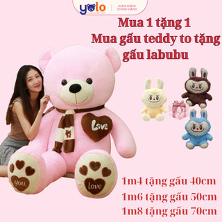  Gấu bông teddy to cao cấp trái tim nổi tặng khăn quàng cho gấu. thú nhồi bông khổng lồ teddy thêu chân trái tim nổi 