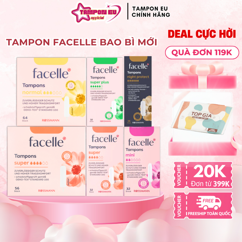 Tampon Facelle đủ size nhập khẩu Đức thấm hút tốt, đi bơi, đi biển - Băng vệ sinh dạng nút facelle