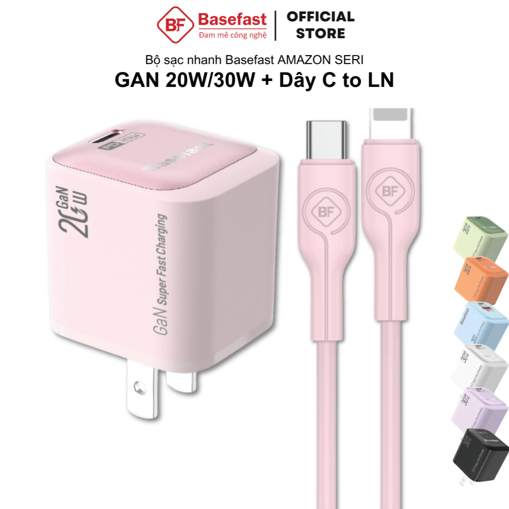 Bộ sạc nhanh 20W Basefast Combo Củ GaN 30W kèm dây silicon siêu bền cho Phone xs 11 12 13 14 pro