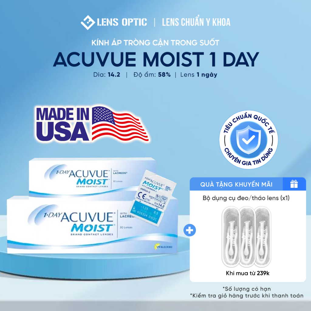 Kính Áp Tròng ACUVUE MOIST 1 Ngày – Lens Cận Trong Suốt Độ Ẩm 58% - Lens Optic Hà Nội