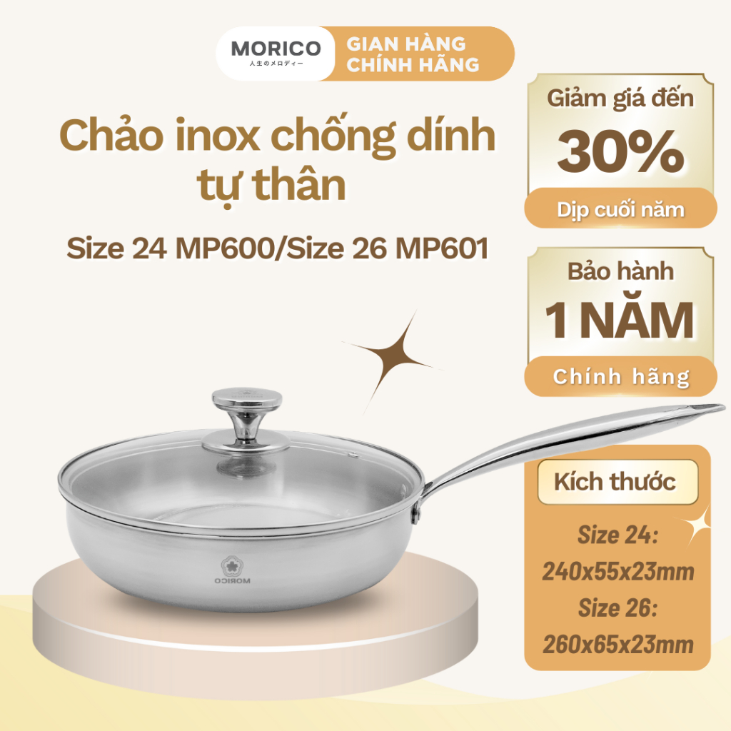 Chảo Inox Đúc Nguyên Khối MP600 24cm / MP601 26cm – Đáy 3 Lớp, Kèm Vung Kính, Dùng Mọi Loại Bếp