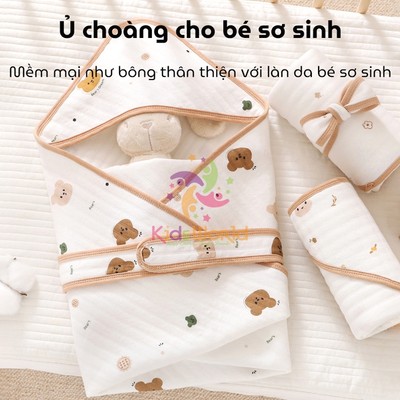 Ủ choàng cho bé có mũ 3 lớp kèm đai KidAndMom vải Cotton Organic sử dụng 4 mùa kích thước 80x80cm