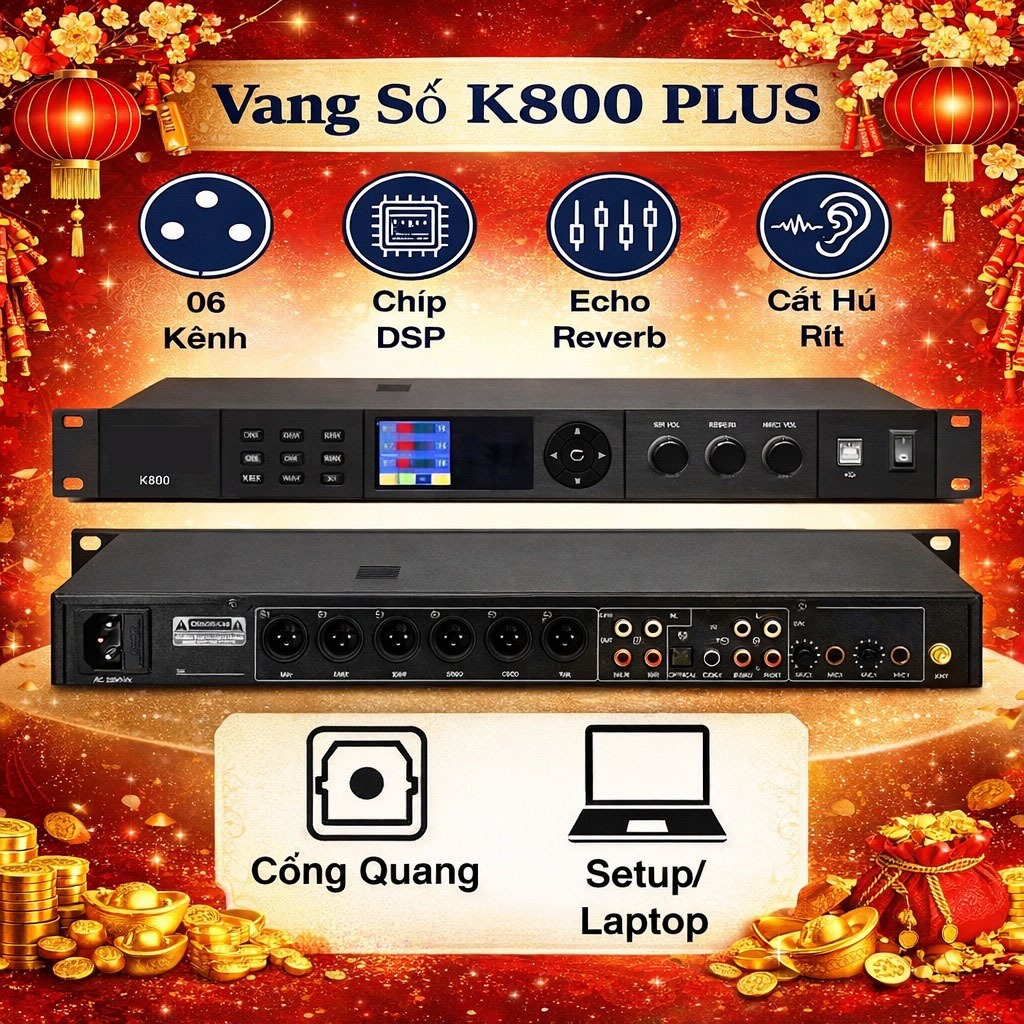Vang Số K800 PLUS, Chống Hú 99%, Có Reverb + Echo, Tích Hợp EQ Số, Bluetooth, Cổng Optical, USB