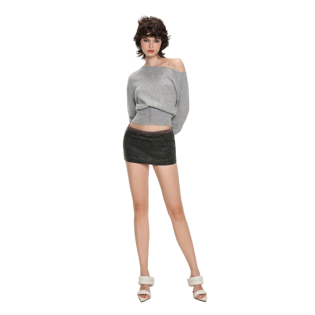 LSOUL Áo Len Croptop Lệch Vai Misha Top + Chân Váy Lisa Chất Da Cạp Trễ Y2K Ron Skirt CV25110743