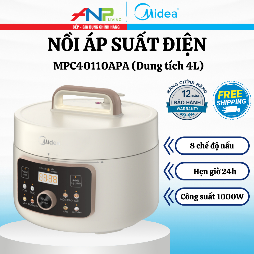 Nồi Áp Suất Điện Midea 4L MPC40110APA – Công Suất 1000W, Hầm Nhanh, Tiết Kiệm Thời Gian, An Toàn