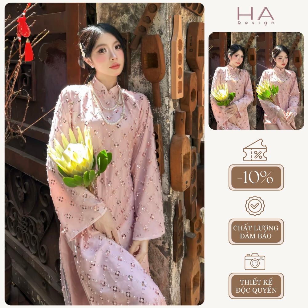Áo dài tết 2026, Áo dài kim sa cách tân đỉnh đá cổ nhiều màu phong cách thanh lịch_HA42 [SẴN HÀNG]