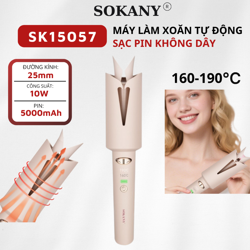 Máy uốn tóc tự động ion âm SẠC PIN KHÔNG DÂY SOKANY SK-15057, xoay 2 chiều, PIN 5000mAh ion âm bảo v